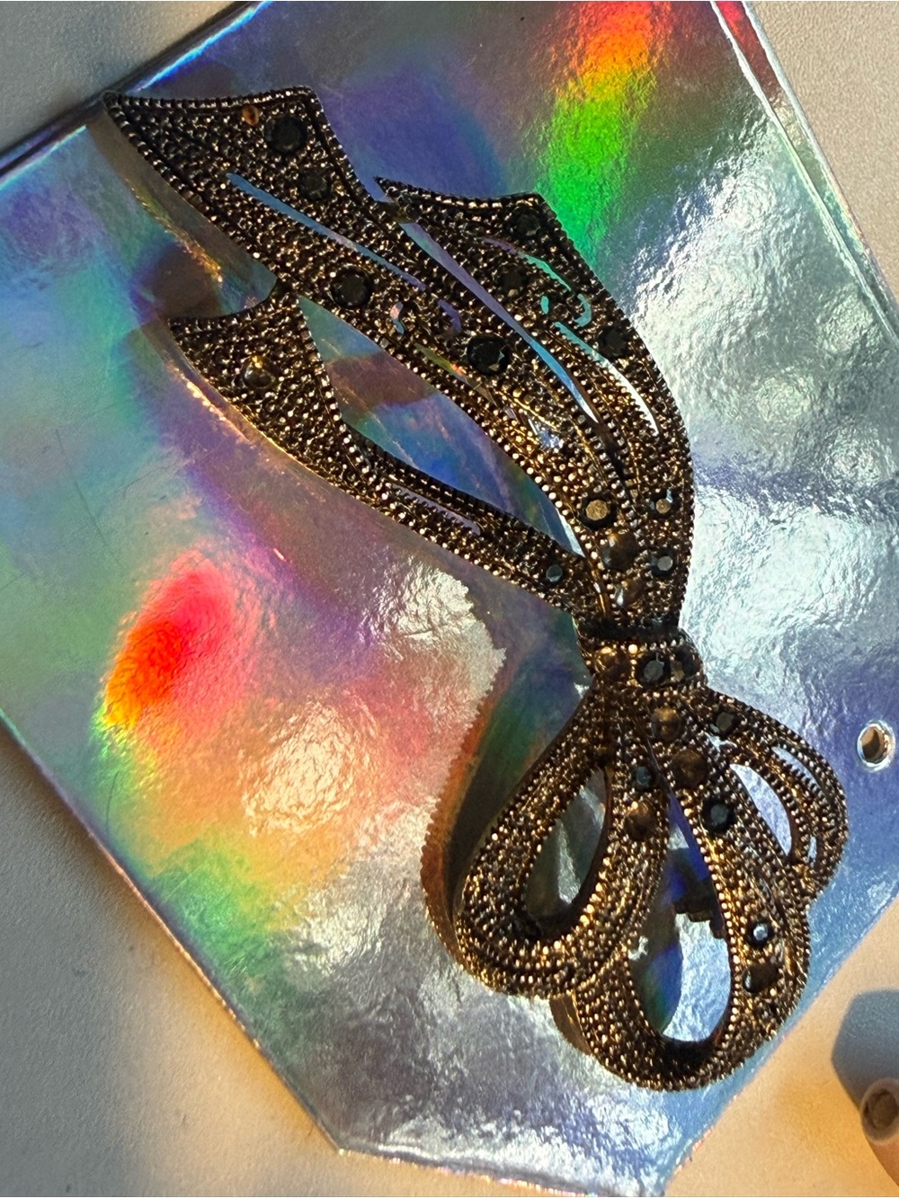 Vintage Silver Gunmetal Black Brooch with Marcasite